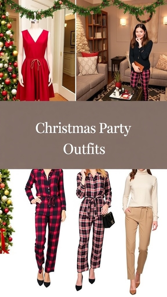 A collection of fashionable Christmas party outfits displayed in a festive setting.